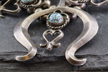 Load image into Gallery viewer, Turquoise and Sterling Silver Squash Blossom Necklace, View #4