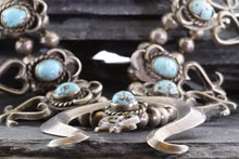 Load image into Gallery viewer, Turquoise and Sterling Silver Squash Blossom Necklace, View #6