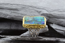 Load image into Gallery viewer, Two Tone Platinum 22k Contemporary Fashion Ring With 1 Rectangular Boulder Opal, View #4