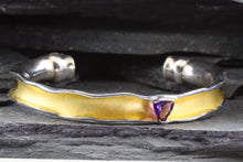 Load image into Gallery viewer, Two Tone Sterling Silver Satin & Polished Bangle Bracelet With One Trillian Amethyst, View #3