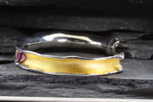Load image into Gallery viewer, Two Tone Sterling Silver Satin & Polished Bangle Bracelet With One Trillian Amethyst, View #4