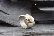 Load image into Gallery viewer, Two Tone Sterling Silver Satin & Polished Contemporary Ring With One Mabe' Pearl, View #2