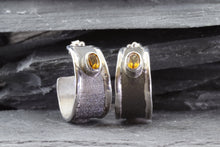 Load image into Gallery viewer, Sterling Silver Oxidized Satin & Polished Medium Hoop Earrings With 2 Oval Citrines, View #2