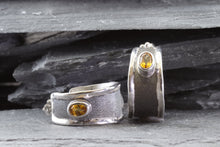 Load image into Gallery viewer, Sterling Silver Oxidized Satin & Polished Medium Hoop Earrings With 2 Oval Citrines, View #3