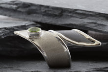 Load image into Gallery viewer, Two Tone White & Blackened Sterling Silver Satin & Polished Contemporary Ring Bezel Set With One Oval Peridot, View #3
