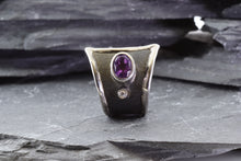 Load image into Gallery viewer, White Sterling Silver Ring with Amethyst and Diamond Accents