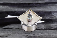 Load image into Gallery viewer, White Sterling Silver Satin & Polished Contemporary Ring With One Oval Aqua and One Round Diamond., View #2