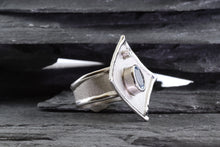 Load image into Gallery viewer, White Sterling Silver Satin & Polished Contemporary Ring With One Oval Aqua and One Round Diamond., View #3