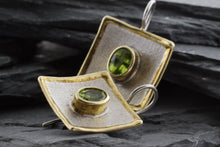 Load image into Gallery viewer, Two Tone Sterling Silver Satin & Polished Contemporary Earrings With Oval Peridots, View #2.