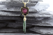Load image into Gallery viewer, Yellow 18 Karat Drop Necklace Set with 1 Watermelon Tourmaline Slice1 And Double Green Tourmaline Crystals., View #1