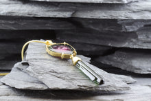 Load image into Gallery viewer, Yellow 18 Karat Drop Necklace Set with 1 Watermelon Tourmaline Slice1 Tourmaline Crystal, View #2