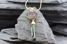 Load image into Gallery viewer, Yellow 18 Karat Drop Necklace Set with 1 Watermelon Tourmaline Slice1 And Double Green Tourmaline Crystals., View #3