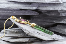 Load image into Gallery viewer, Yellow 18 Karat Drop Necklace Set with 1 Watermelon Tourmaline Slice1 And Double Green Tourmaline Crystals., View #4