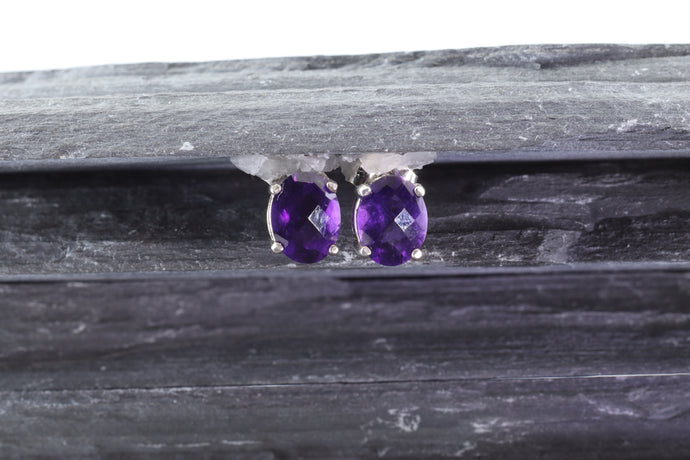 White Sterling Silver Stud Earrings With 2 Oval Amethyst, View #1