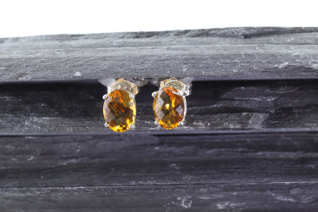 White Sterling Silver Stud Earrings With 2Round Golden Topaz, View #1