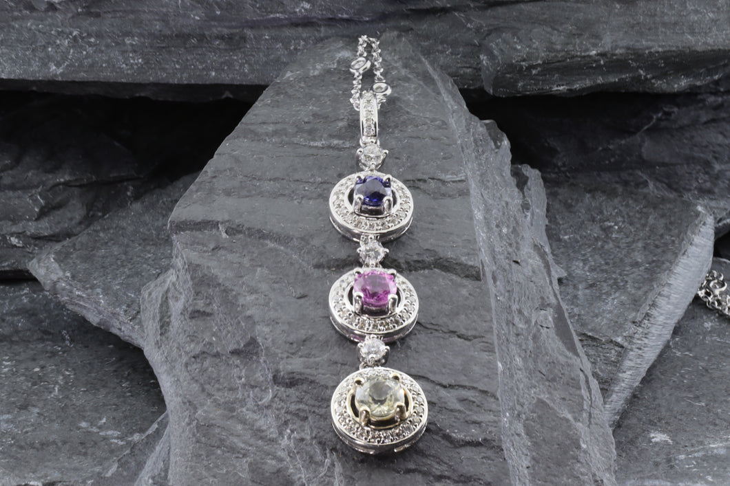 14K White Gold Drop Pendant Set With Sapphires Round Purple, Round Pink and Round Yellow And White Diamonds