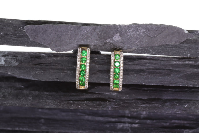 14K Yellow Gold Huggie Earrings Set With Tsavorite Garnets And White Diamonds, View #1