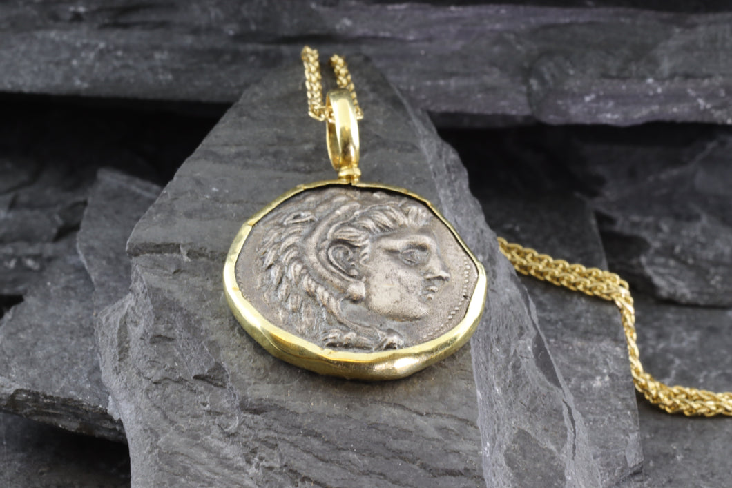 18K Karat Yellow Gold Bezel Setting With A Silver Ancient Greek Coin Pendant, Alexander, View #1