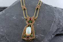 Load image into Gallery viewer, 18K Yellow Gold Necklace Set With Oval Opal, 82 Round, 2 Cushion Cut Rubies,12 Round Tsavorites, View #2
