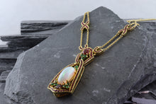 Load image into Gallery viewer, 18K Yellow Gold Necklace Set With Oval Opal, 82 Round, 2 Cushion Cut Rubies,12 Round Tsavorites, View #3
