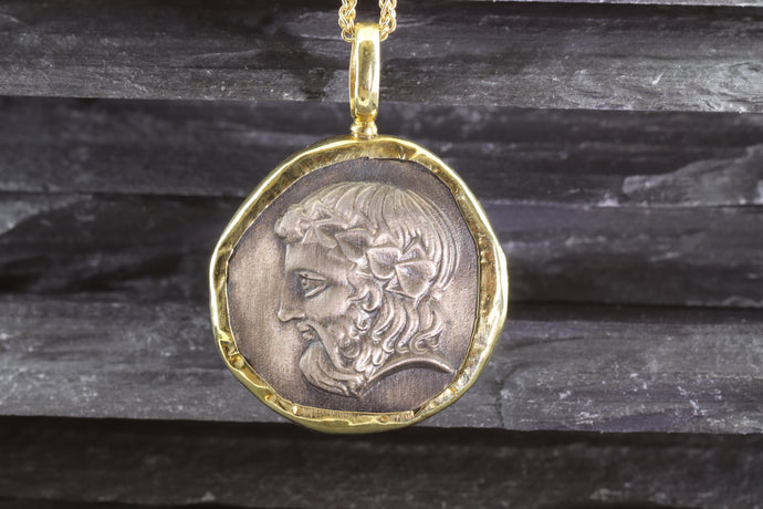 18 Karat Yellow Gold Bezel Setting With A Silver Ancient Greek Coin Pendant, Dionysos, View #1