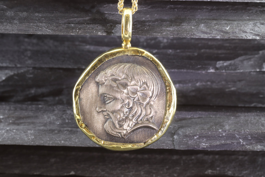 18 Karat Yellow Gold Bezel Setting With A Silver Ancient Greek Coin Pendant, Dionysos, View #1