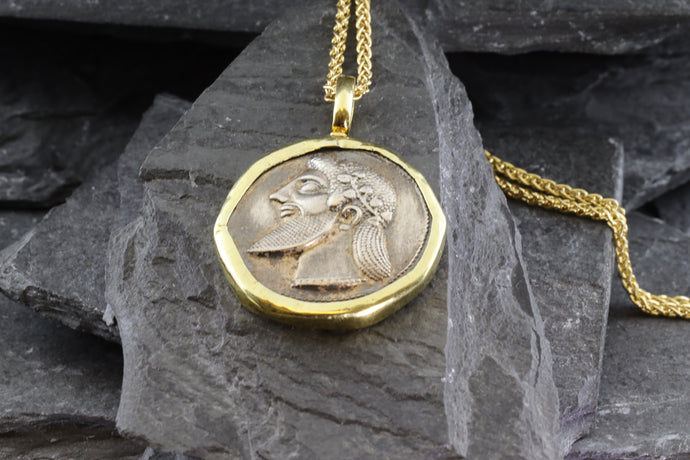 18 Karat Yellow Gold Bezel Setting With A Silver Ancient Greek Coin Pendant, Dionysos, View #1