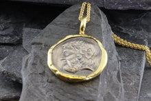 Load image into Gallery viewer, 18 Karat Yellow Gold Bezel Setting With A Silver Ancient Greek Coin Pendant, Dionysos, View #2
