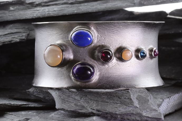 Blackened Sterling Silver Cuff Set With Multi Color Natural Stones, View #1