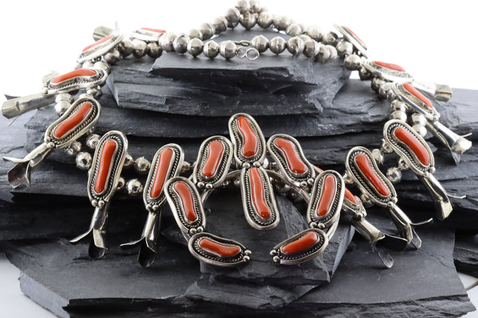 Coral and Sterling Silver Squash Blossom Necklace, View #1