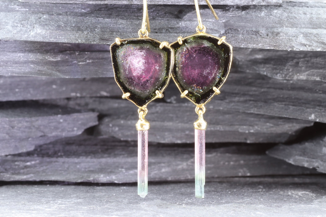 Handmade 18K Gold Watermelon Tourmaline Drop Earrings, View #1