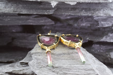 Load image into Gallery viewer, Handmade 18K Gold Watermelon Tourmaline Drop Earrings, View #3
