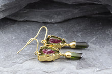 Load image into Gallery viewer, Handmade 18 K Yellow  Earrings With 2 Slab Cut Watermelon Tourmalines And Green Tourmaline Crystal Drops, View #4
