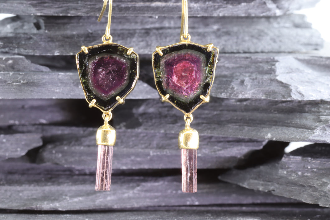 Handmade 18K Gold Watermelon Tourmaline Earrings, View #1