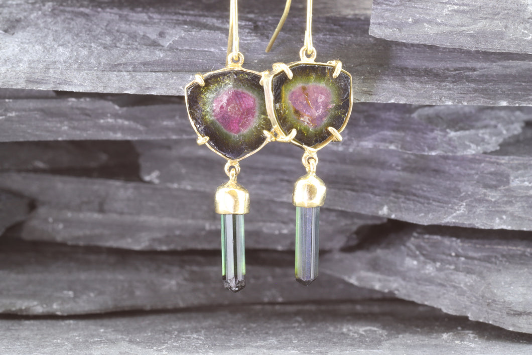 Handmade 18K Y Gold Slab Watermelon Tourmalines With Green Crystal Tourmaline Drop Earrings, View #1