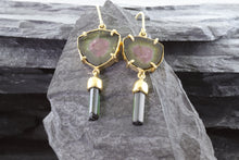 Load image into Gallery viewer, Handmade 18K Y Gold Slab Watermelon Tourmalines With Green Crystal Tourmaline Drop Earrings, View #2
