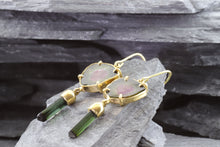 Load image into Gallery viewer, Handmade 18K Y Gold Slab Watermelon Tourmalines With Green Crystal Tourmaline Drop Earrings, View #3
