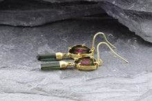 Load image into Gallery viewer, Handmade 18K Y Gold Slab Watermelon Tourmalines With Green Crystal Tourmaline Drop Earrings, View #4
