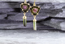Load image into Gallery viewer, Handmade 18 K Yellow  Earrings With 2 Slab Cut Watermelon Tourmalines And Green Tourmaline Crystal Drops, View #1
