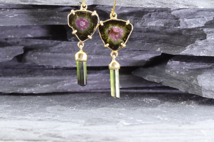 Handmade 18 K Yellow  Earrings With 2 Slab Cut Watermelon Tourmalines And Green Tourmaline Crystal Drops, View #1