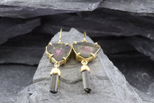 Load image into Gallery viewer, Handmade 18 K Yellow  Earrings With 2 Slab Cut Watermelon Tourmalines And Green Tourmaline Crystal Drops, View #2
