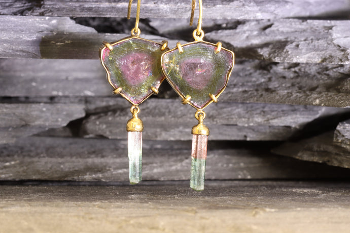 Handmade 18K Yellow Gold Slab Watermelon Tourmaline Earrings Are Set With Bi-Color Tourmaline Crystal Drops, View #1