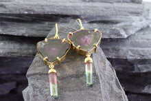 Load image into Gallery viewer, Handmade 18K Yellow Gold Slab Watermelon Tourmaline Earrings Are Set With Bi-Color Tourmaline Crystal Drops, View #2
