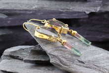 Load image into Gallery viewer, Handmade 18K Yellow Gold Slab Watermelon Tourmaline Earrings Are Set With Bi-Color Tourmaline Crystal Drops, View #3
