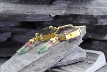 Load image into Gallery viewer, Handmade 18K Yellow Gold Slab Watermelon Tourmaline Earrings Are Set With Bi-Color Tourmaline Crystal Drops, View #4
