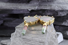 Load image into Gallery viewer, Handmade 18K Yellow Gold Slab Watermelon Tourmaline Earrings Are Set With Bi-Color Tourmaline Crystal Drops, View #5
