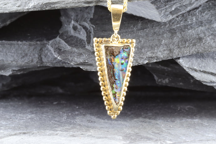 Handmade One Of A Kind 14 K Yellow Gold Pendant With One Free-Form Bezel Set Boulder Opal, View #1