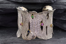 Load image into Gallery viewer, Handmade Sterling Silver Cuff Bracelet With Round Sapphires/Tsavorite Stones set in 18K Yellow Gold Bezels, View #1
