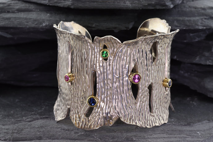 Handmade Sterling Silver Cuff Bracelet With Round Sapphires/Tsavorite Stones set in 18K Yellow Gold Bezels, View #1