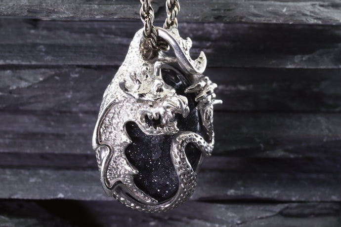 Handmade  Sterling Silver Dragon Pendant With 1 Oval  Psilomelane Druzy On A 18 Sterling Silver Rope Chain, View #1